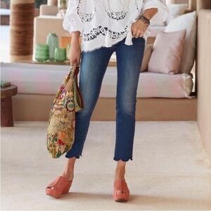 Driftwood Audrey Straight Leg Jeans Blue Scalloped Raw Hem Mid Rise Stretch